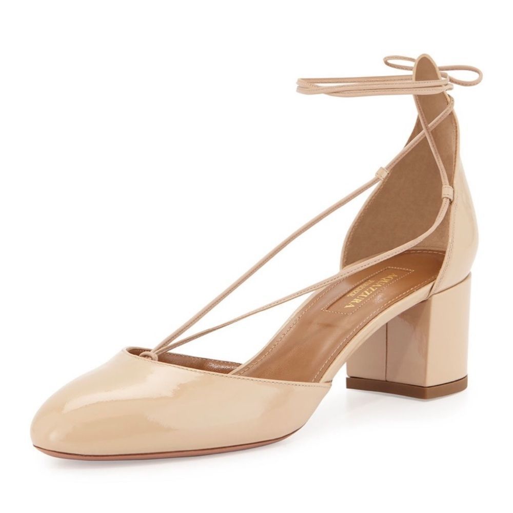 Aquazzura Alexa Patent Mid-Heel Pump Nude Color w/Thin Ankle Tie Beautiful